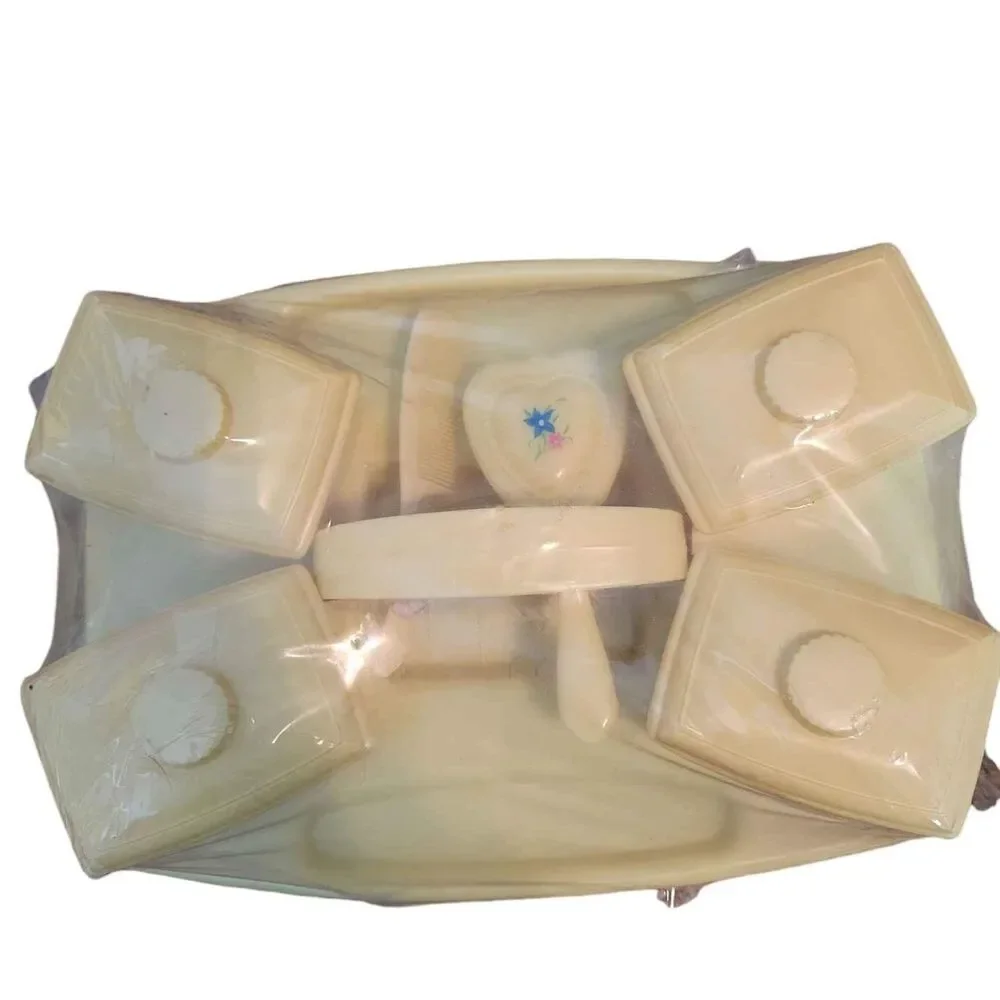 NIP Vintage Sanitoy Nursery Needs No. 1491 Plastic Jar Set with Comb and Brush
